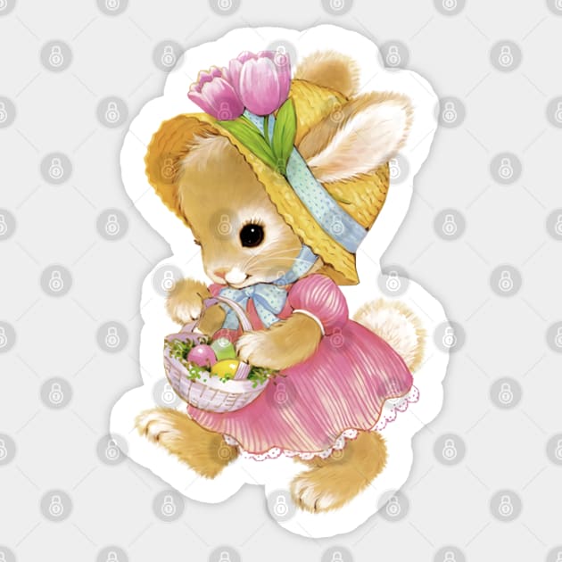 Cute Retro Vintage Easter Bunny Girl with Basket Sticker by PUFFYP